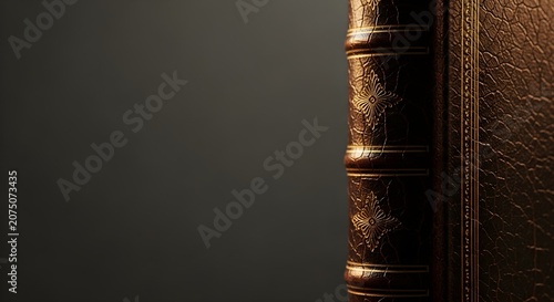 Close-up of a vintage leather-bound book spine with gold embossed floral design and textured cover