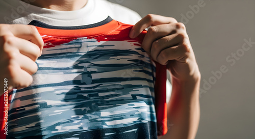Close up of a person holding a sports jersey with a camouflage pattern and red accents, showing the details