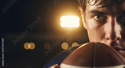 Close up of a determined football player holding the ball with sweat on his face and intense gaze