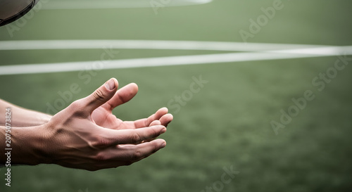 Close-up of hands reaching for a soccer ball on a green field, capturing the anticipation and action of the game