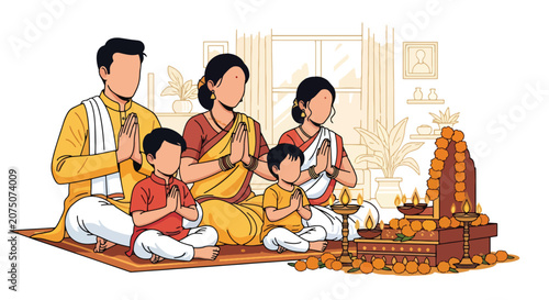 Tableau sur toile Flat style vector illustration of a Hindu family performing traditional home puja with sacred fire, diyas and prayer