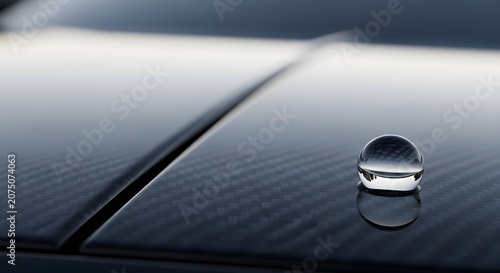 Close-up of a clear glass sphere on a carbon fiber surface, with a reflection of the surrounding environment
