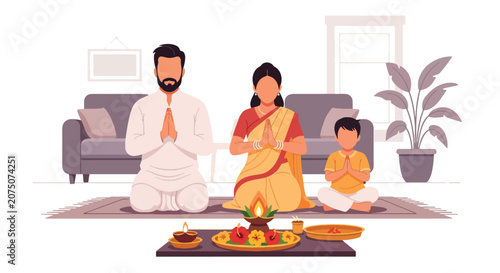 Foto Flat style vector illustration of a Hindu family performing traditional home puja with sacred fire, diyas and prayer