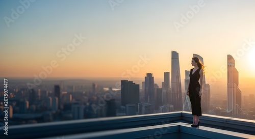 Woman in black dress standing on a rooftop overlooking a cityscape at sunset, golden hour