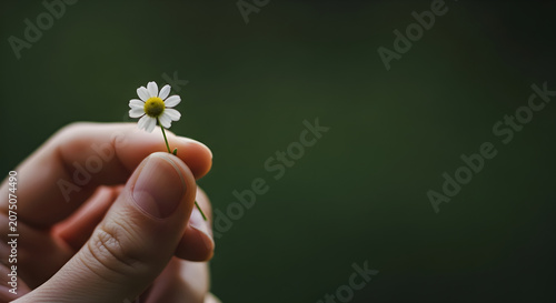 Close up of a hand holding a small daisy flower against a blurred green background, nature concept