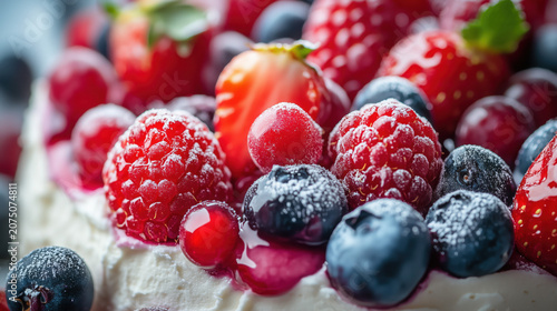 Fresh Mixed Berries on Cream Cake Close Up with Mint Leaves
