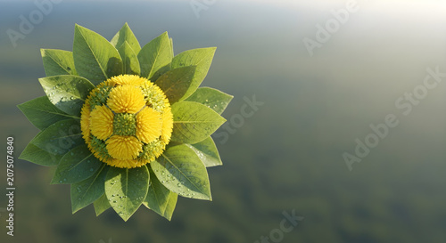 Close up of a unique flower arrangement with yellow and green petals and leaves, nature background