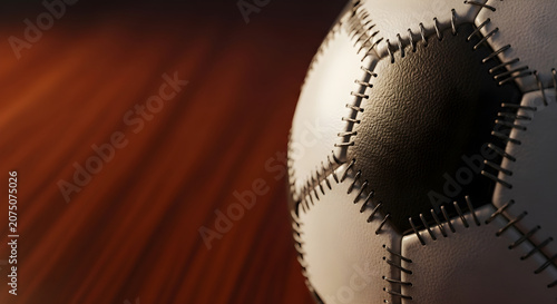 Close-up of a soccer ball with black and white panels and stitching, on a blurred background with warm tones