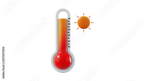 3D Thermometer High Temperature Icon with Sun on Black Background