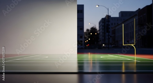 Football field with goal post in urban setting at dusk with city buildings and street lights