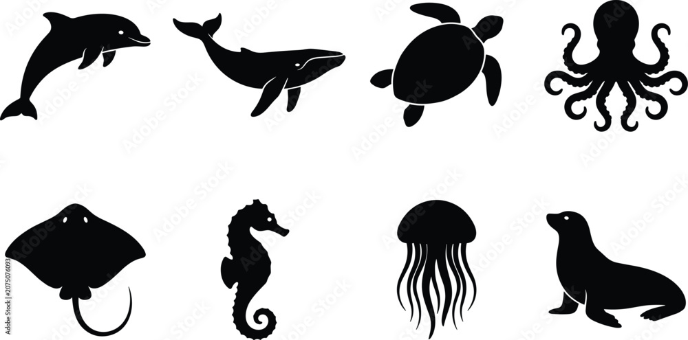 Fototapeta premium Marine Sea Animals Silhouette Vector Bundle with Ocean Wildlife and Aquatic Creatures Collection