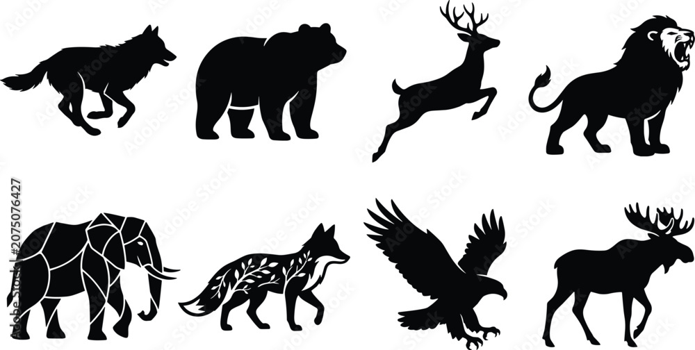 Obraz premium Set of black silhouettes representing African safari wildlife including an elephant cheetah giraffe roaring lion zebras rhinoceros leaping gazelle and cape buffalo