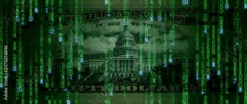 Electronic Money Concept with Fifty Dollar Bill made up of Animated Code. Innovative Finance Background.
