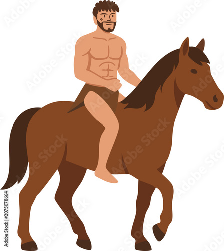 Photos primitive shirtless man riding a brown horse walking forward