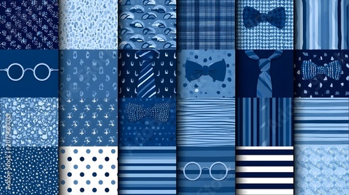 Father's Day Swatch Pattern Collection (16 Seamless Patterns, Blue Tones) Stock Vector