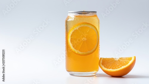 Orange Juice Can Refreshment: A refreshing orange juice can, infused with a fresh orange slice, stands beside a juicy orange wedge, inviting a taste of pure citrus delight.
