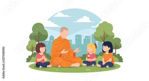 Flat style vector illustration of Buddhist monk teaching children outdoors in a peaceful park setting. Perfect for education, spiritual learning, culture and community programs