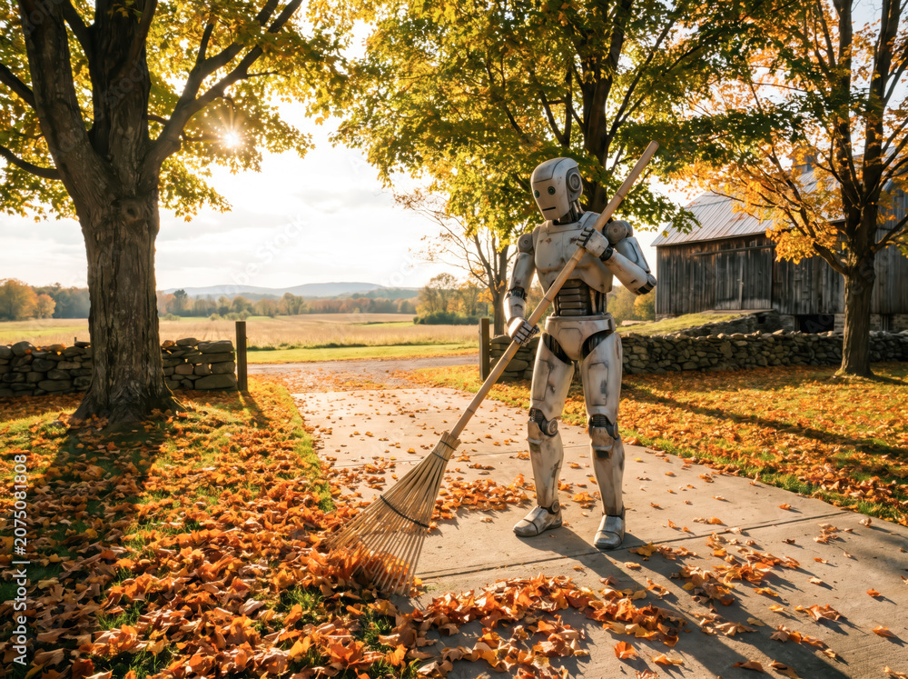 Fototapeta premium Humanoid Robot Sweeping Autumn Leaves