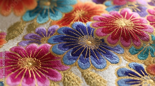 Vibrant embroidered flowers on fabric with gold accents
