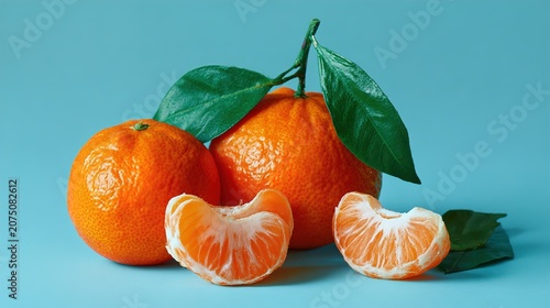 Fresh tangerines on blue background with green leaves