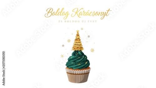 Colorful cupcake with green and gold frosting on top Vector