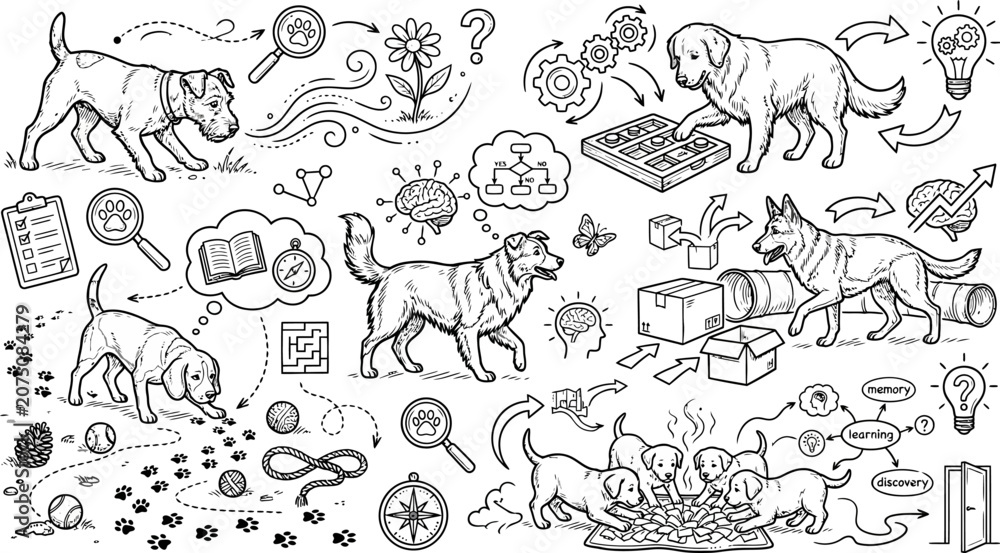 Obraz premium Dogs engaged in cognitive stimulation exercises and puzzle play illustrate the intelligence and learning behaviors of various canine breeds depicted in a detailed black and white line art style.