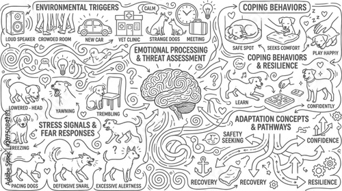 Dog cognition brain map displays complex emotional processing pathways and stress response triggers within a monochromatic line-drawn schematic highlighting canine mental health and adaptation.