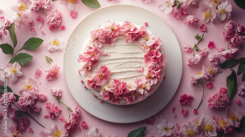 Elegant Naked Wedding Cake Decorated with Pink Roses and Fresh Flowers