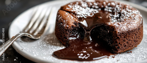Decadent chocolate lava cake, oozing molten chocolate, dusted with powdered sugar, served on a plate with a fork