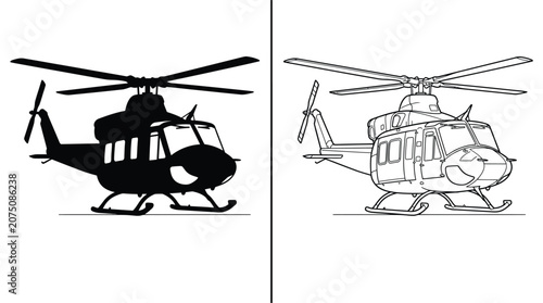 Slika na platnu Helicopter Set with Black Silhouette and Outline Line Art Styles for Air Transpo