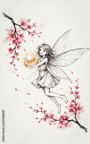 A watercolor and ink illustration of a fairy with large translucent wings floating in the air, holding a glowing golden orb. The scene is framed by delicate cherry blossom branches with pink flowers 