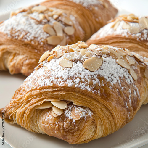 Flaky golden croissants, generously dusted with powdered sugar and scattered with sliced almonds, presented on a white plate