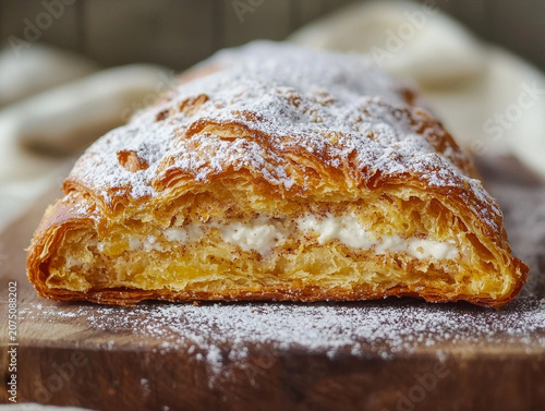 Flaky golden pastry with creamy spiced filling, generously dusted with powdered sugar, resting on a wooden board