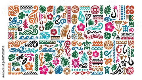 Polynesian tribal tattoo vector set, colorful Maori pattern elements and tropical hibiscus flowers, Hawaiian ethnic symbols and sea waves