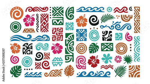 Polynesian tribal pattern elements, tropical hibiscus and monstera leaf vector set, colorful maori style tattoo ornaments and ocean wave symbols