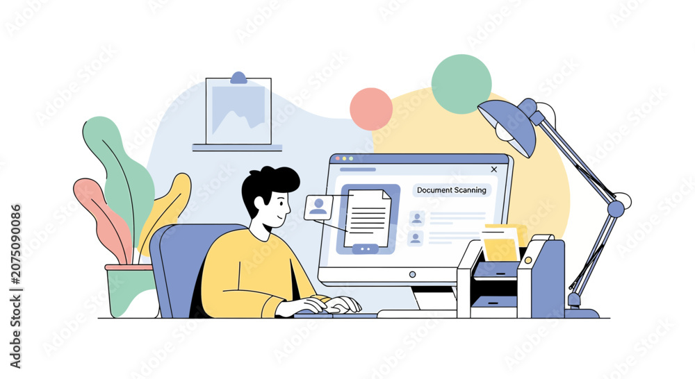 Fototapeta premium Man using desk computer for business work, illustration