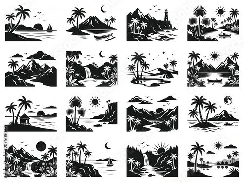 Set of tropical landscape illustrations black and white silhouette