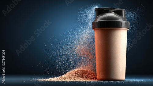 Protein powder spilling from shaker bottle on dark background