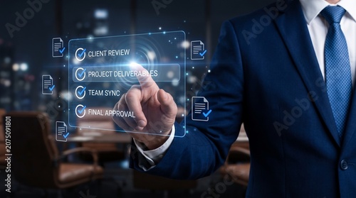 Professional businessman touching a digital holographic interface to manage project deliverables and business workflow tasks in a modern office