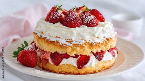 Delicious strawberry shortcake with whipped cream on a plate