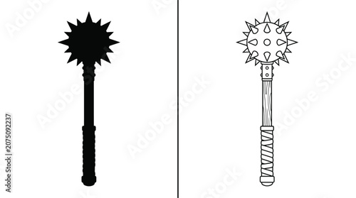Quadro su tela Mace Weapon Silhouette and Outline with Spiked Metal Head and Wooden Handle for