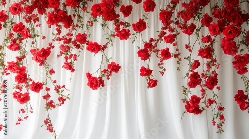 Elegant white fabric backdrop adorned with vibrant red flowers, likely roses. Perfect for weddings, events, photography, or as a decorative background.