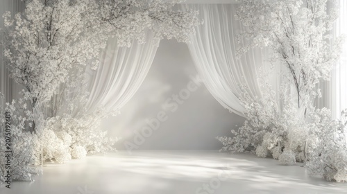 Elegant wedding backdrop with white drapes and floral arrangements. Ideal for event photography, ceremony backdrops, or romantic-themed design projects