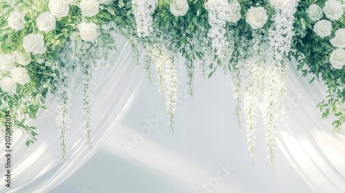 Elegant wedding arch with white roses, greenery, and hanging wisteria, against a white draped backdrop