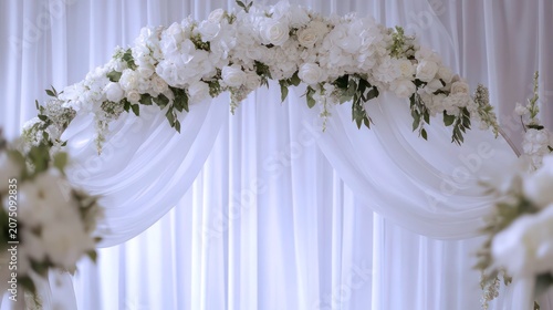 Elegant white arch, a wedding arch, adorned with white flowers and sheer fabric. Ideal for wedding, ceremony, event, or romantic-themed visuals.