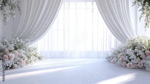 Elegant wedding backdrop with white drapes and floral arrangements. Ideal for event photography, ceremony backdrops, or romantic-themed design projects