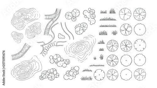 Bild auf Leinwand Landscape architecture plan symbols vector set, hand drawn garden design element