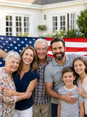 Happy family posing with American flag, showcasing patriotism and joy.