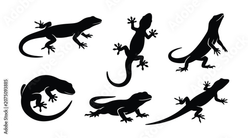 Quadro su tela Lizard silhouette vector set, black gecko icons in various poses, 6 reptile anim
