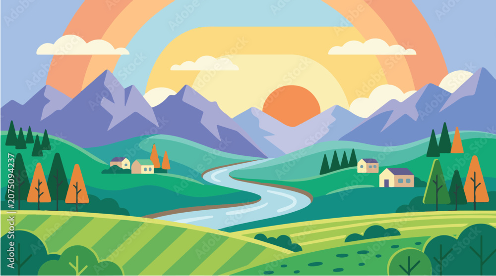 Obraz premium Flat vector illustration of a colorful countryside landscape with rolling green hills, winding river, mountains, sunrise, trees, and small houses in a modern geometric design.